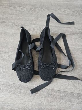 ​ZARA Black Sparkle Tweed Lace-Up Ballet Flats Ribbon Tie Size 39